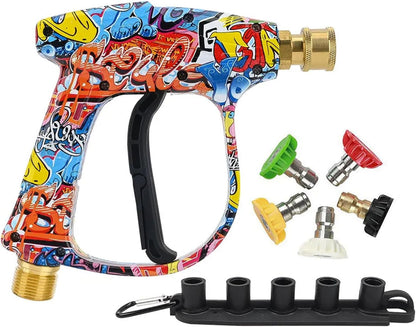 BEAR FORCE Pressure Washer Spray Gun Power Washer Short Gun with M22-ID14mm & Foam Cannon Foam Gun with 5 Nozzles Tips #035 & 3/8'' Quick Connector Swivel, Additional Orifice Nozzle 1.10mm Car Washing
