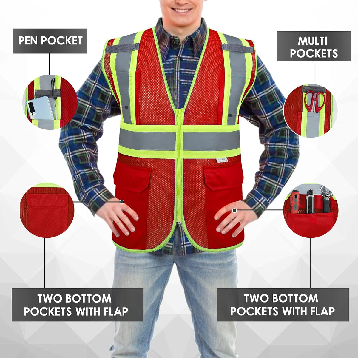 High Visibility Reflective Safety Vest with Zipper and Pockets Orange,M