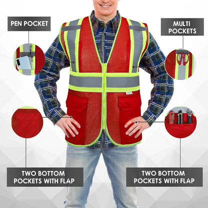 High Visibility Reflective Safety Vest with Zipper and Pockets Orange,M