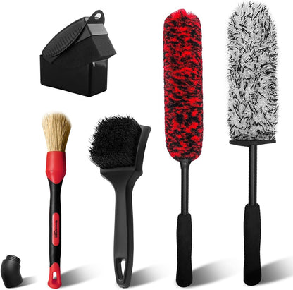 YeewayVeh 4Pack Car Wheel Cleaning Kit, Bendable Wheel Brush and Microfiber Rim Cleaner Brush, Tire Brush and Car Detailing Brush, Soft & No-Scratch Car Wheel Rim Brush Set for All Wheel Types, Red
