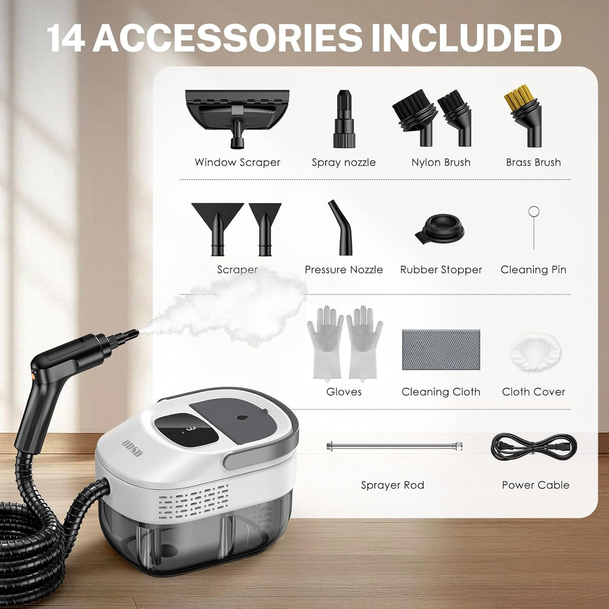 ODSD Steam Cleaner for Home & Car, 3-Level Adjustable Steamer for Cleaning, 15s Heat-Up & 1.6L Large Tank, Handheld Steam Cleaner for Car Detailing, Home, Tile, Grout,Furniture with 15pcs Accessories
