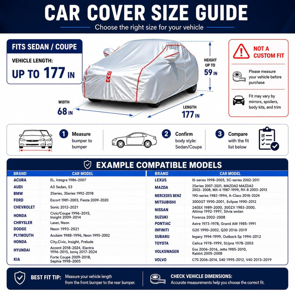 Car Cover for Sedan, Waterproof All Weather Heavy Duty, 360° Underbody Wrap Windproof Design, Quick Install Outdoor Vehicle Cover, Fits 186-193 in