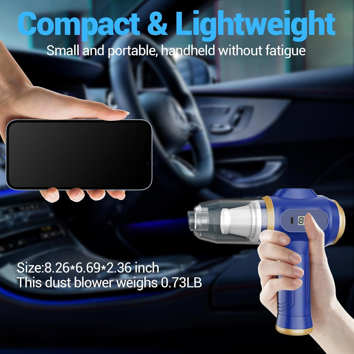 Portable Car Vacuum Cordless Mini Handheld Vacuums Cleaner Rechargeable with LCD Display and Multi-Nozzles, High Power Hand held Cleaners for Car, Home, Office, Sofa, Pet Hair,Keyboard