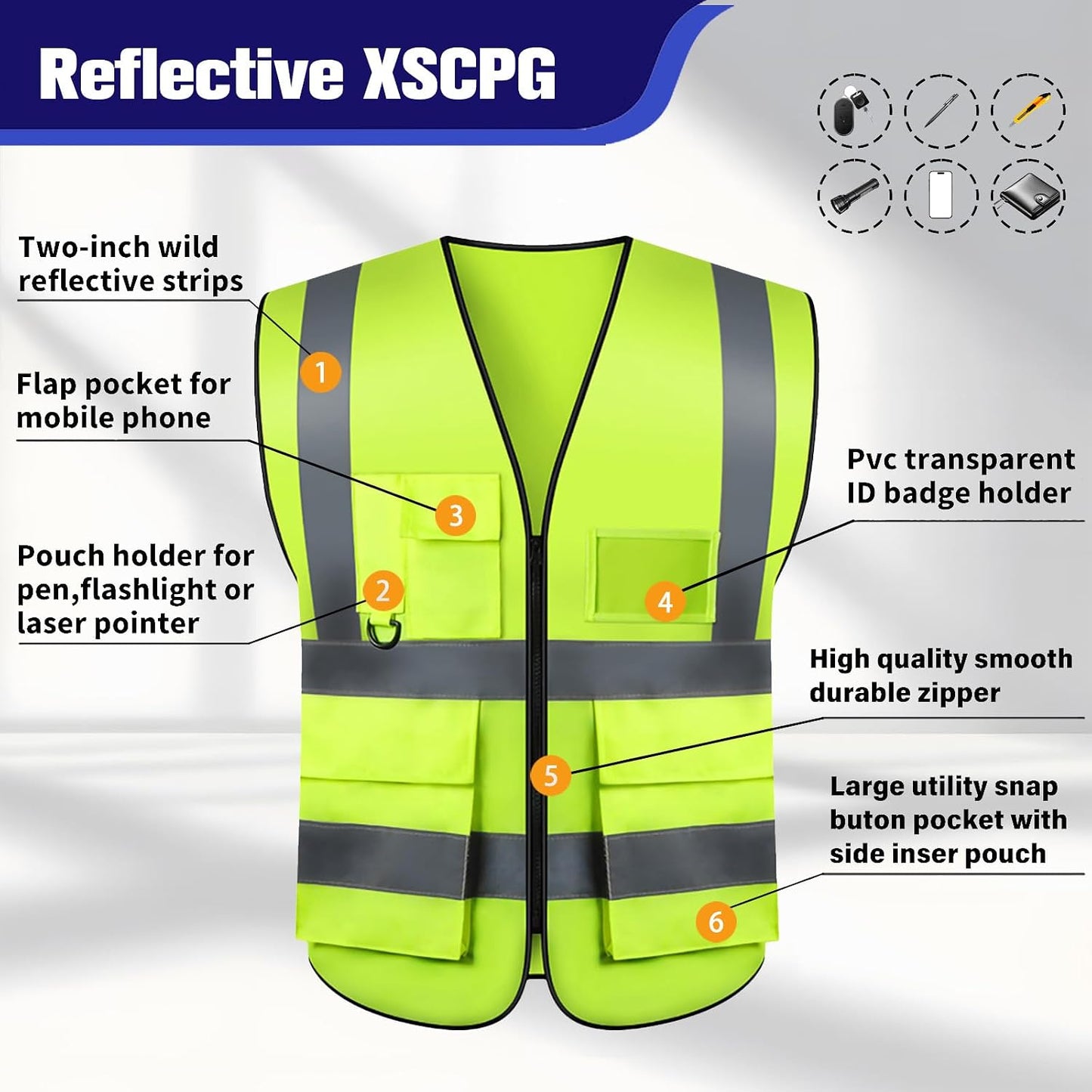 Safety Vests 20 Pack,Hi Vis Construction Vest with 5 Pockets and Zipper,Reflective Vest for Men Women Work One Size