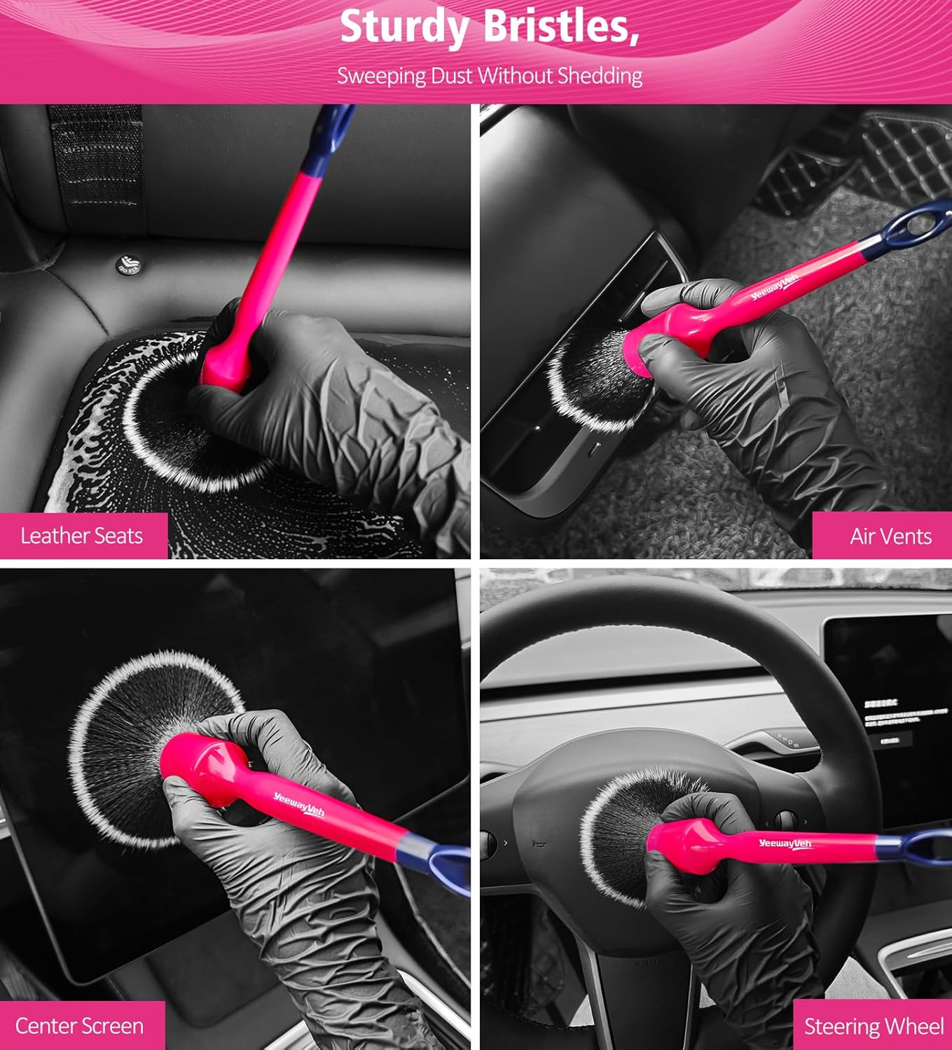 YeewayVeh Car Detailing Brush Set, 3 Pack Ultra Soft Boars Hair Detailing Brushes for Leather Seat Air Vents Engine Bay, Auto Detail Brushes Car Detailing for Interior Exterior, Indigo