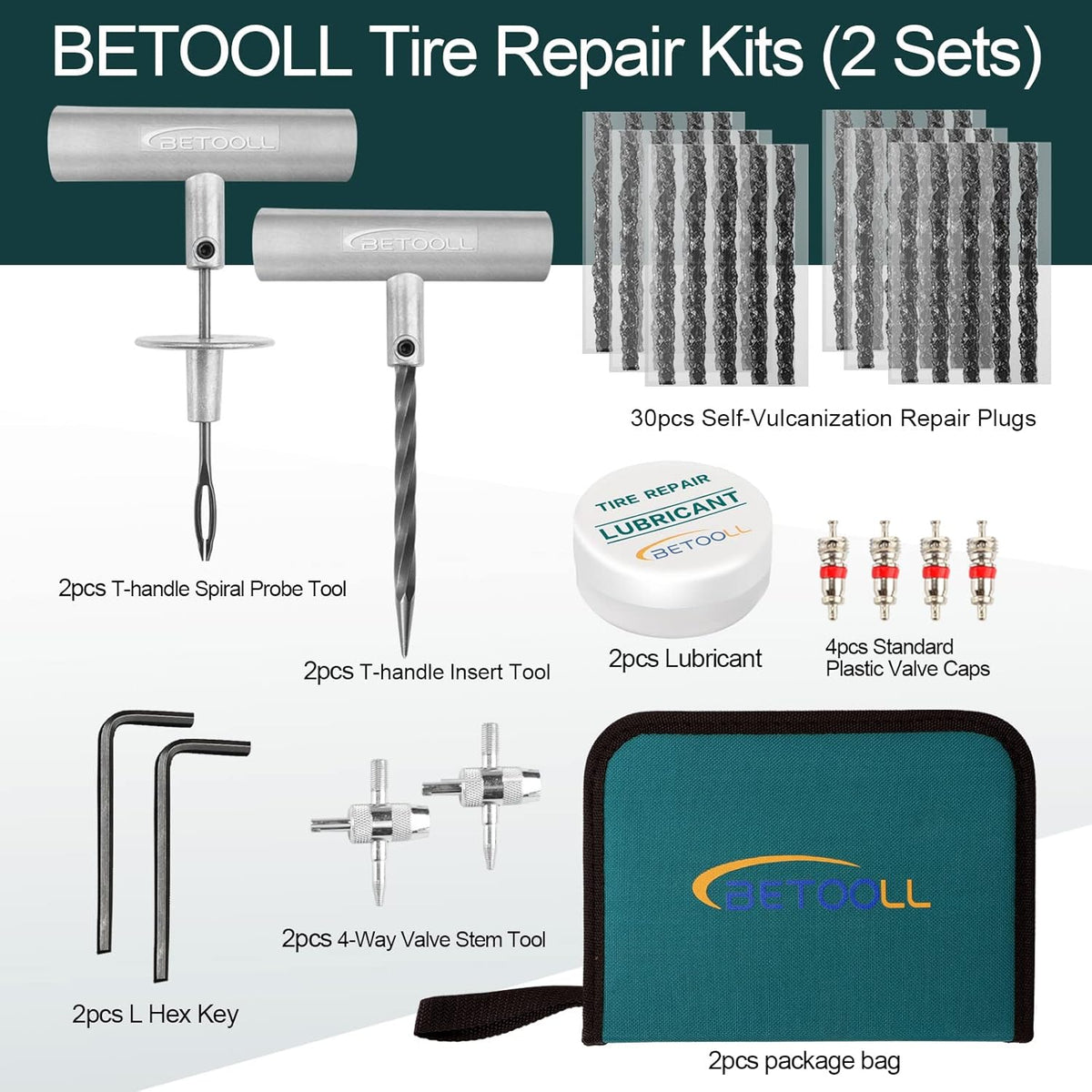BETOOLL Tire Repair Kit, 24 Pcs Professional Heavy Duty Universal Emergency Flat Tire Repair Kit to Fix Punctures, for car Motorcycle, Truck, Golf Cart, ATV, Tractor, ARB, RV, SUV, Trailer etc.
