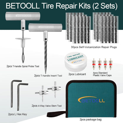 BETOOLL Tire Repair Kit, 24 Pcs Professional Heavy Duty Universal Emergency Flat Tire Repair Kit to Fix Punctures, for car Motorcycle, Truck, Golf Cart, ATV, Tractor, ARB, RV, SUV, Trailer etc.