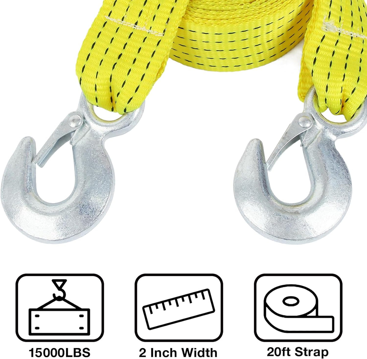 ATV Tow Strap with Hooks 20 ft,15000 lbs Towing Straps Heavy Duty with Hook 2 inch x 20 Foot Ropes for Trucks Vehicles Acessories,Cable for Truck Boat,Roadside Emergency Car Kit