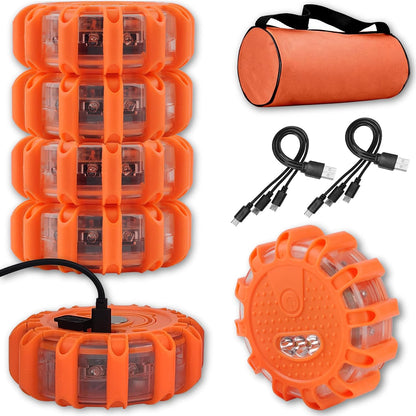 Ecoangel USB Rechargeable LED Road Flares Emergency Lights-Roadside Warning Car Safety Beacon Flashing Disc Flare Kit with Magnetic Base for Vehicles & Boat | 3 Beacon Disc Pack