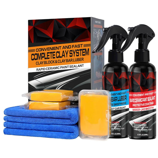 Heavy Duty Car Clay Bar Kit with Ceramic Coating Spray - Auto Detailing Clay System with Clay Block, Synthetic Lubricant & Rapid Ceramic Paint Sealant for Maximum Gloss & Unmatched Smoothness