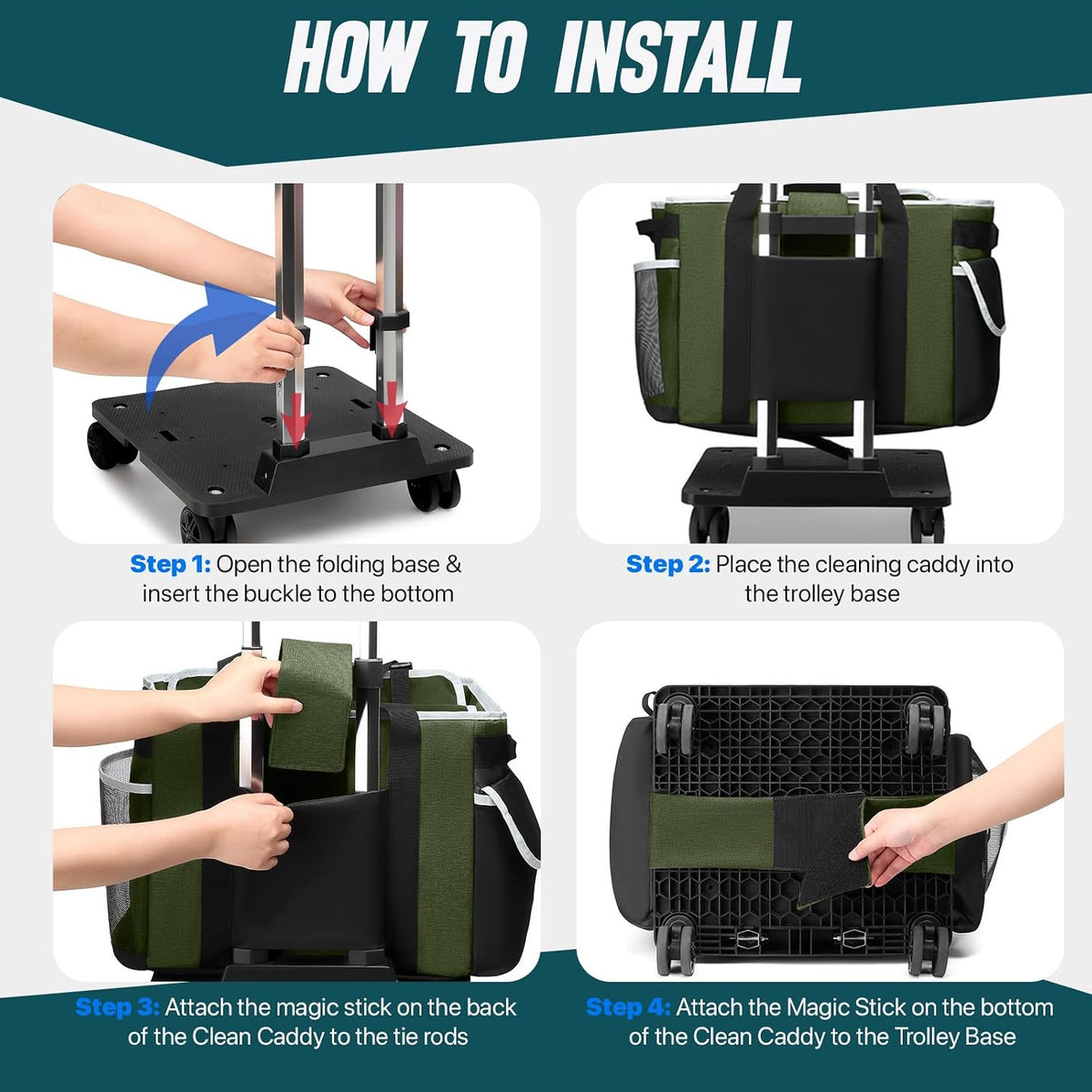 Large Rolling Cleaning Caddy Bag with Detachable Trolley, Full Support Plates for Professional Cleaning Supplies Bag, Organizer Bag with 4 Universal Wheels for Housekeepers, Car Wash