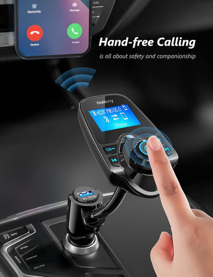 Nulaxy KM18 Bluetooth 5.4 Car Adapter with 1.44" Clear Display & Flexible Gooseneck - FM Radio Transmitter & Bluetooth Receiver for Hands-Free Calls, Wireless Music via BT/FM/AUX/TF, USB Car Charger