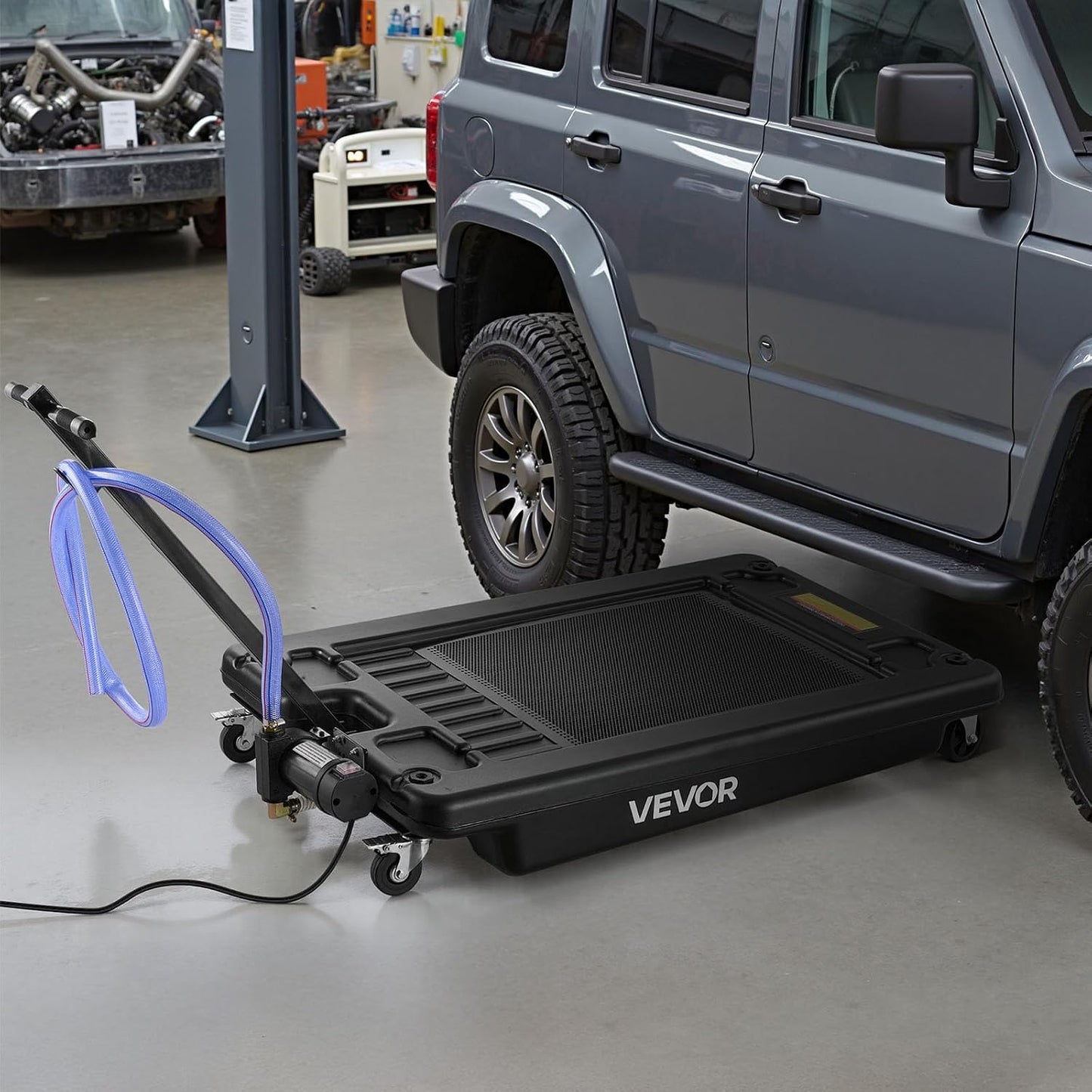 VEVOR Low Profile Oil Drain Pan, 17 Gal Capacity, Rolling Oil Drain Pan with 110V High-Flow Electric Pump, 7.2 ft Hose & T Folding Handle, Leak-proof & Corrosion-resistant, Fit for Trucks, ATVs, Black