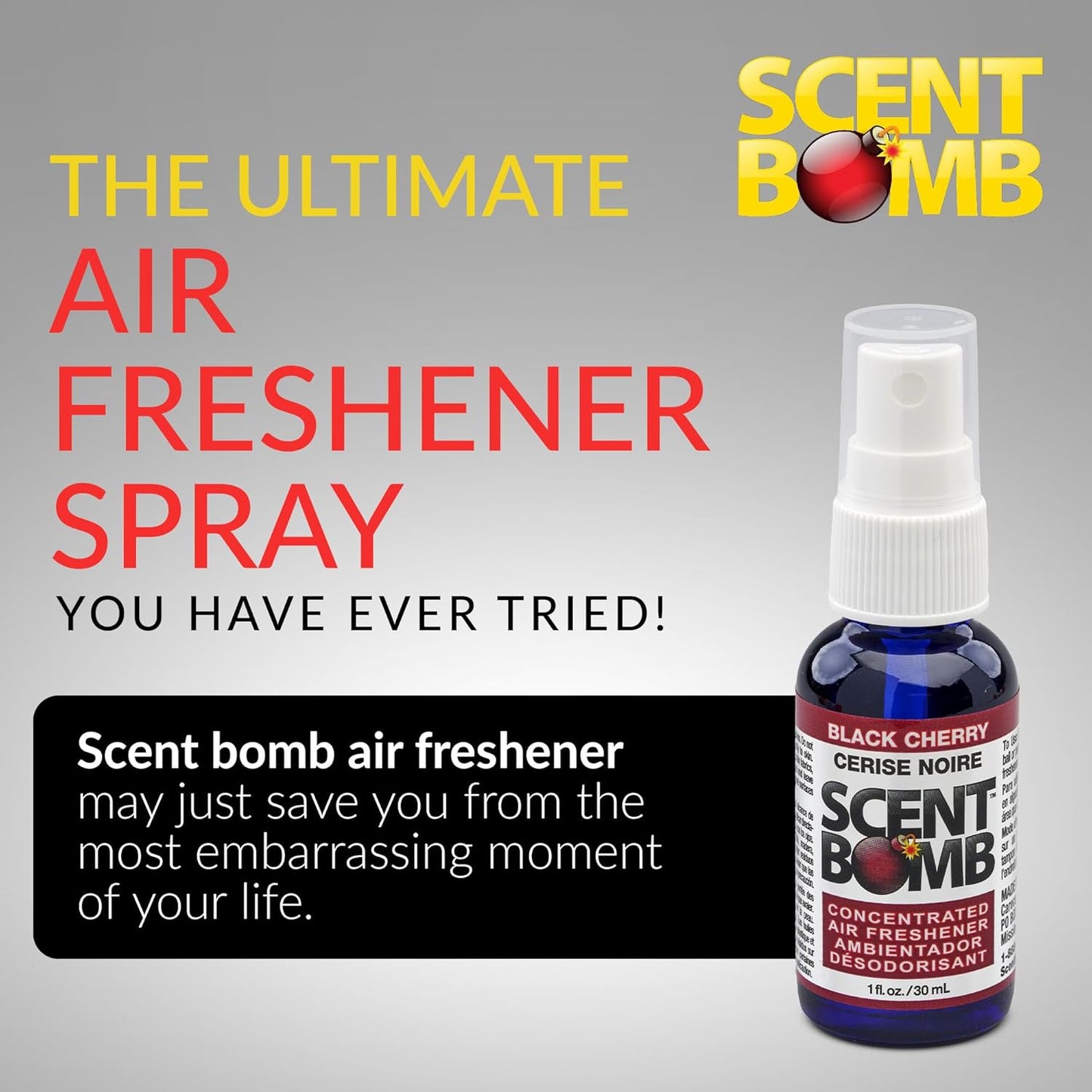 Scent Bomb Air Freshener Spray, Long-Lasting Odor Eliminator - Effective Deodorizer for Home & Car, Fresh Room Spray for Kitchen, Bathroom & Smell Neutralizer - 1 oz Pack of 4, Black Cherry Scent