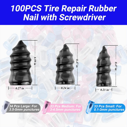 Tire Repair Rubber Nail Kit, Premium Spiral Screw-in Tire Plugs with 2 Sizes, Emergency Roadside Flat Tire Fix Tool for Car Truck Motorcycle Tractor ATV SUV - Fast Self Service Repair, 61 PCS