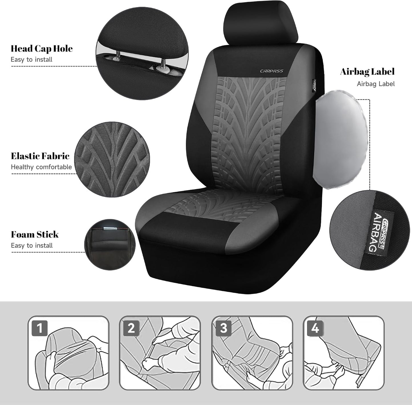 CAR PASS Car Seat Covers Full Sets, Front & Split Rear Bench for Car, 3D Tyre Embossed Automotive Interior Covers, Airbag Compatible, Quick Setup Universal Fit Seat Covers for Car, SUV(Charcoal)