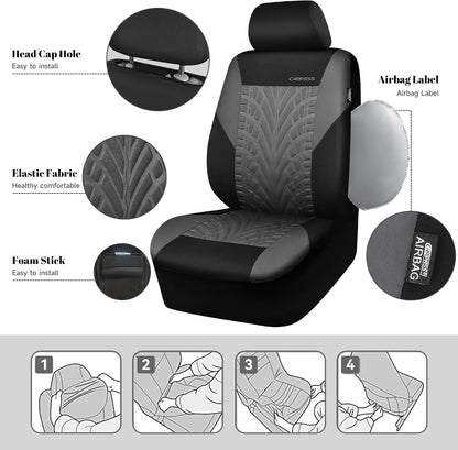 CAR PASS Car Seat Covers Full Sets, Front & Split Rear Bench for Car, 3D Tyre Embossed Automotive Interior Covers, Airbag Compatible, Quick Setup Universal Fit Seat Covers for Car, SUV(Charcoal)
