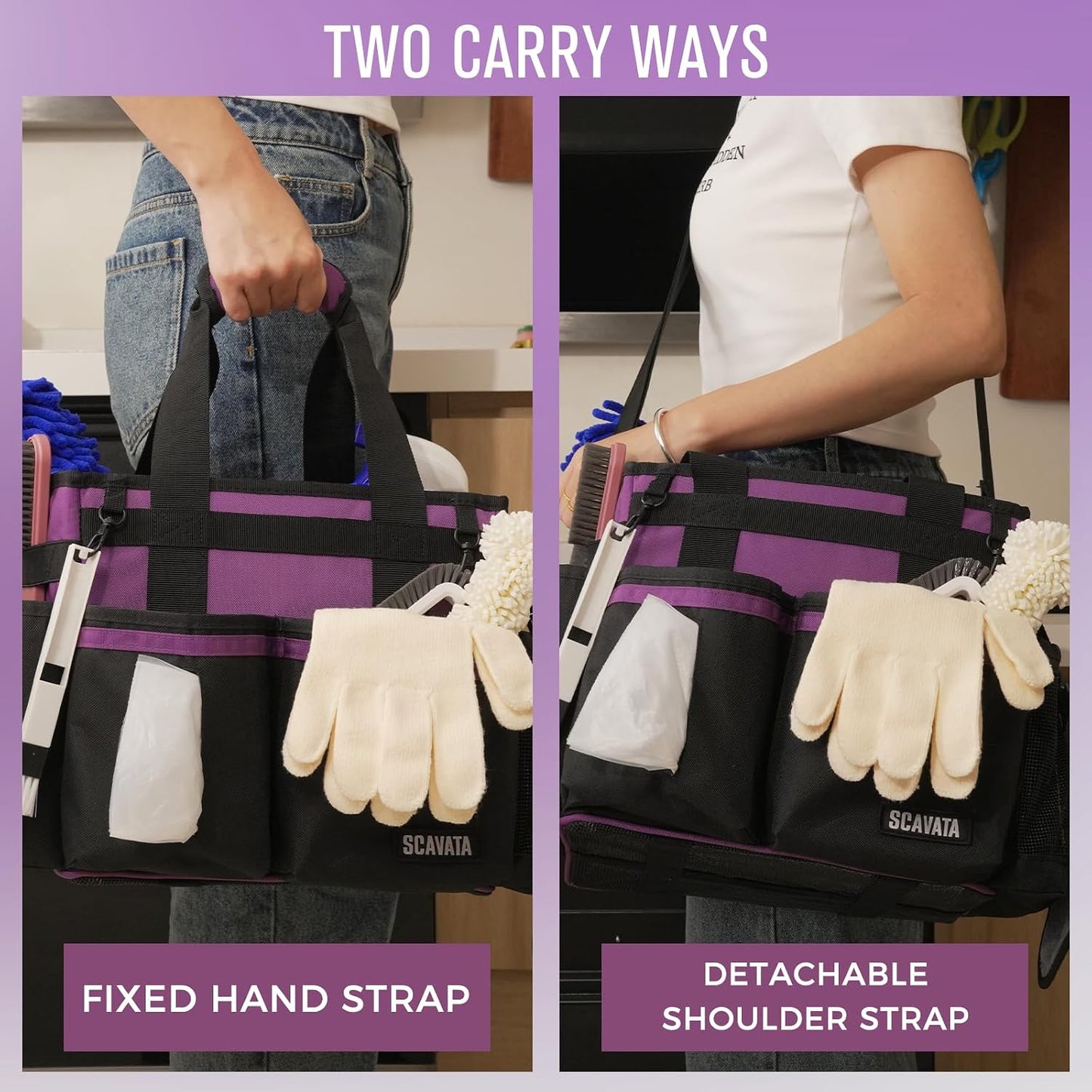 SCAVATA Compact Wearable Cleaning Caddy, Small Supplies Organizer with Handle & Shoulder Straps for Housekeepers, Under Sink & Car Cleaning Tool Organizer Bag (Black)
