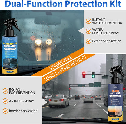 Anti-Fog & Water Repellent for Car Windshield, Windows, Glass & Mirrors Defogger and Rain Repellent Treatment Hydrophobic Coating for Clear Vision Prevents Interior Fog - Pack of 2