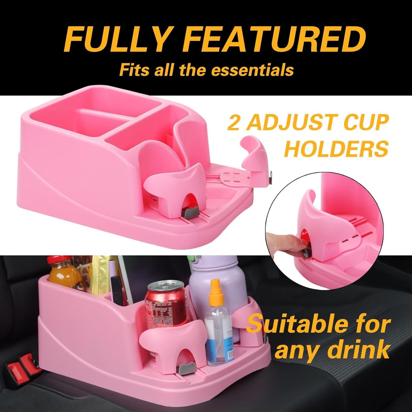 Large Size Plastic Console for Cars, Trucks, Minivans, SUVs with 2 Adjustable Drink Cup Holders Phone Book Holder, Back Bench and Front Seat or Floor Middle Console Universal Vehicle Organizer Black