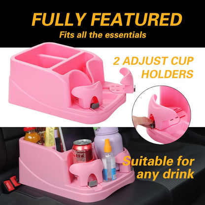 Large Size Plastic Console for Cars, Trucks, Minivans, SUVs with 2 Adjustable Drink Cup Holders Phone Book Holder, Back Bench and Front Seat or Floor Middle Console Universal Vehicle Organizer Black