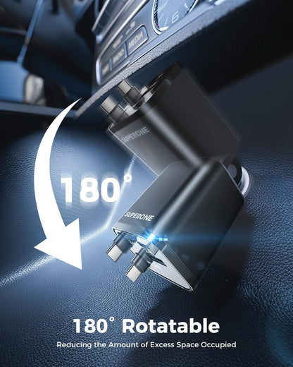 SUPERONE Retractable Car Charger for iPhone with Dual Type C Cables, 4 in 1 USB C Car Charger Adapter with 69W Fast Charging Compatible with iPhone 17 16 15 14 13 12 11 Pro/XS/XR/SE/iPad/Airpods
