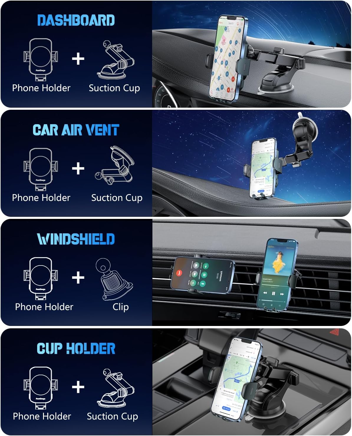 3-in-1 Wireless Car Charger Mount, 15W Fast Charging Auto-Clamping Phone Holder for iPhone 17 16 15 14, Samsung Galaxy S24 S23, Dashboard, Vent & Windshield Car Mount(Black)
