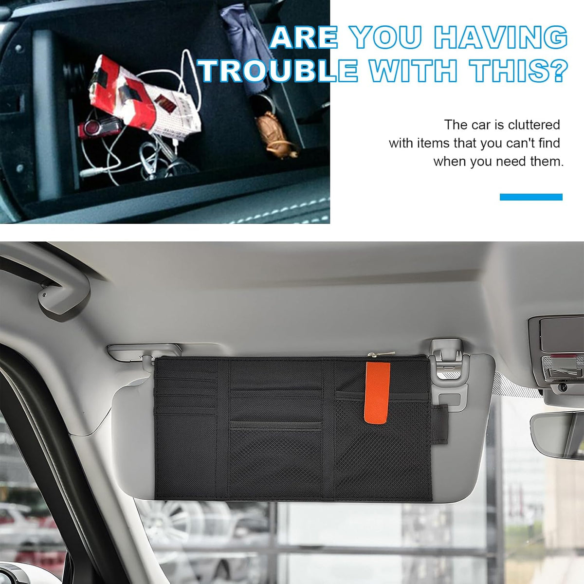 Car Sun Visor Organizer, Auto Interior Visor Storage Pouch Holder with Zipper, Multi-Pocket Net Personal Belonging Organizer, Universal Car Accessory for Cards, Documents (Black)