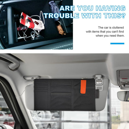 Car Sun Visor Organizer, Auto Interior Visor Storage Pouch Holder with Zipper, Multi-Pocket Net Personal Belonging Organizer, Universal Car Accessory for Cards, Documents (Black)