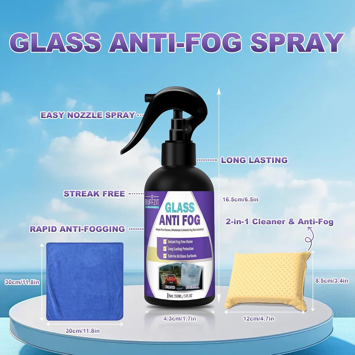 Glass Anti Fog Spray for Car Windshield, Interior Glass, Mirrors & Windows – Long-Lasting Defogger Prevents Fogging for Clear Vision, Safe Driving & Crystal Clear View – Easy to Use – 150ml / 5oz