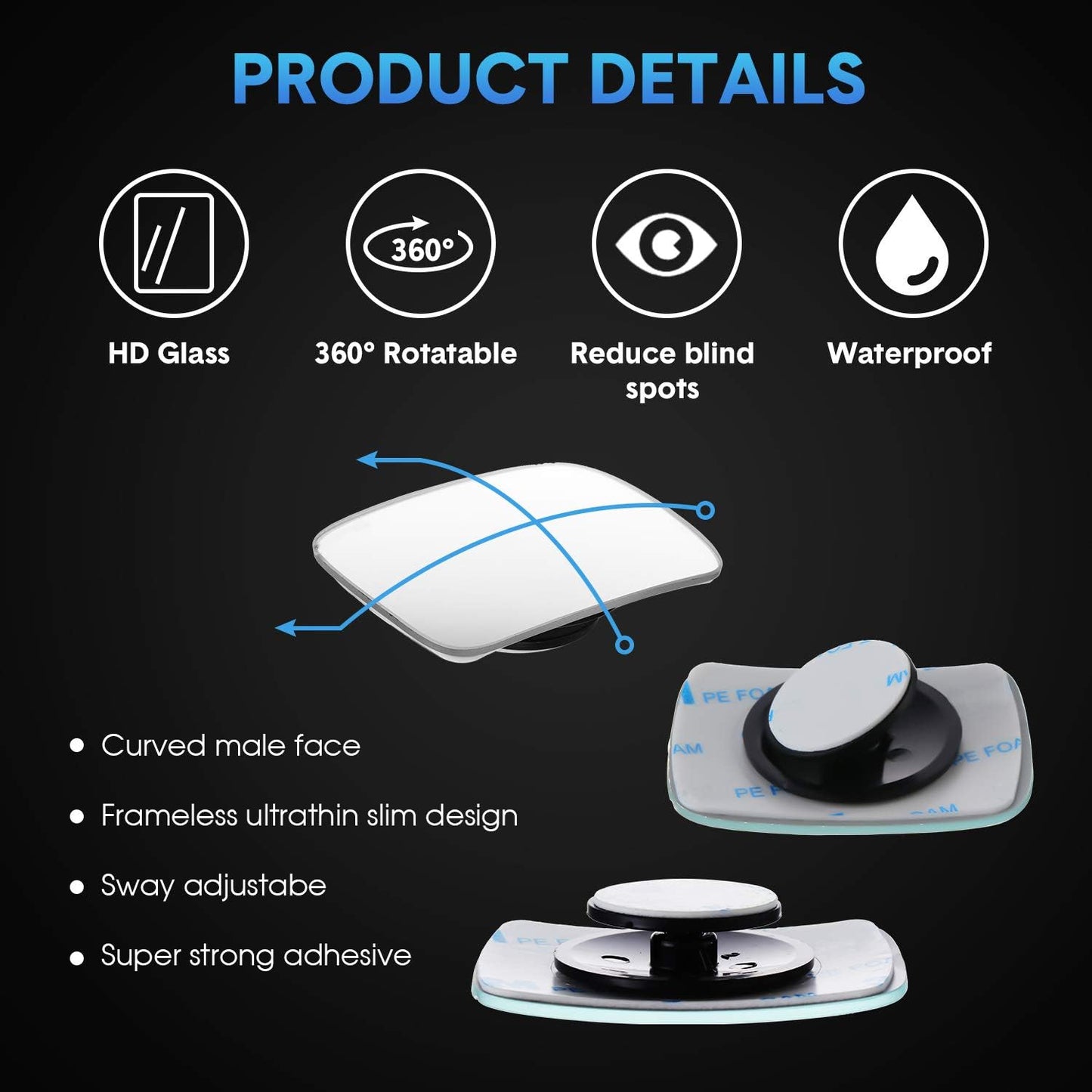 BBTO 4 Pcs Blind Spot Car Mirror 360 Convex Degree Adjustabe Glass Traffic Safety Rear View Mirror Spot Frameless Adjustable Self Adhesive Angle for Larger Image Exterior Accessories (Rectangle)