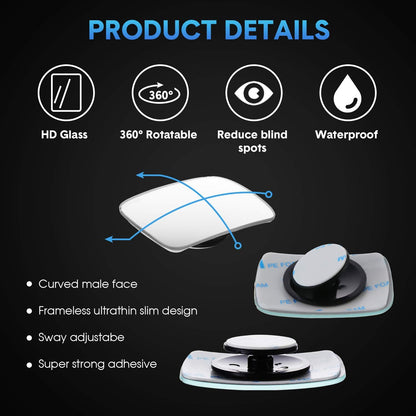 BBTO 4 Pcs Blind Spot Car Mirror 360 Convex Degree Adjustabe Glass Traffic Safety Rear View Mirror Spot Frameless Adjustable Self Adhesive Angle for Larger Image Exterior Accessories (Rectangle)
