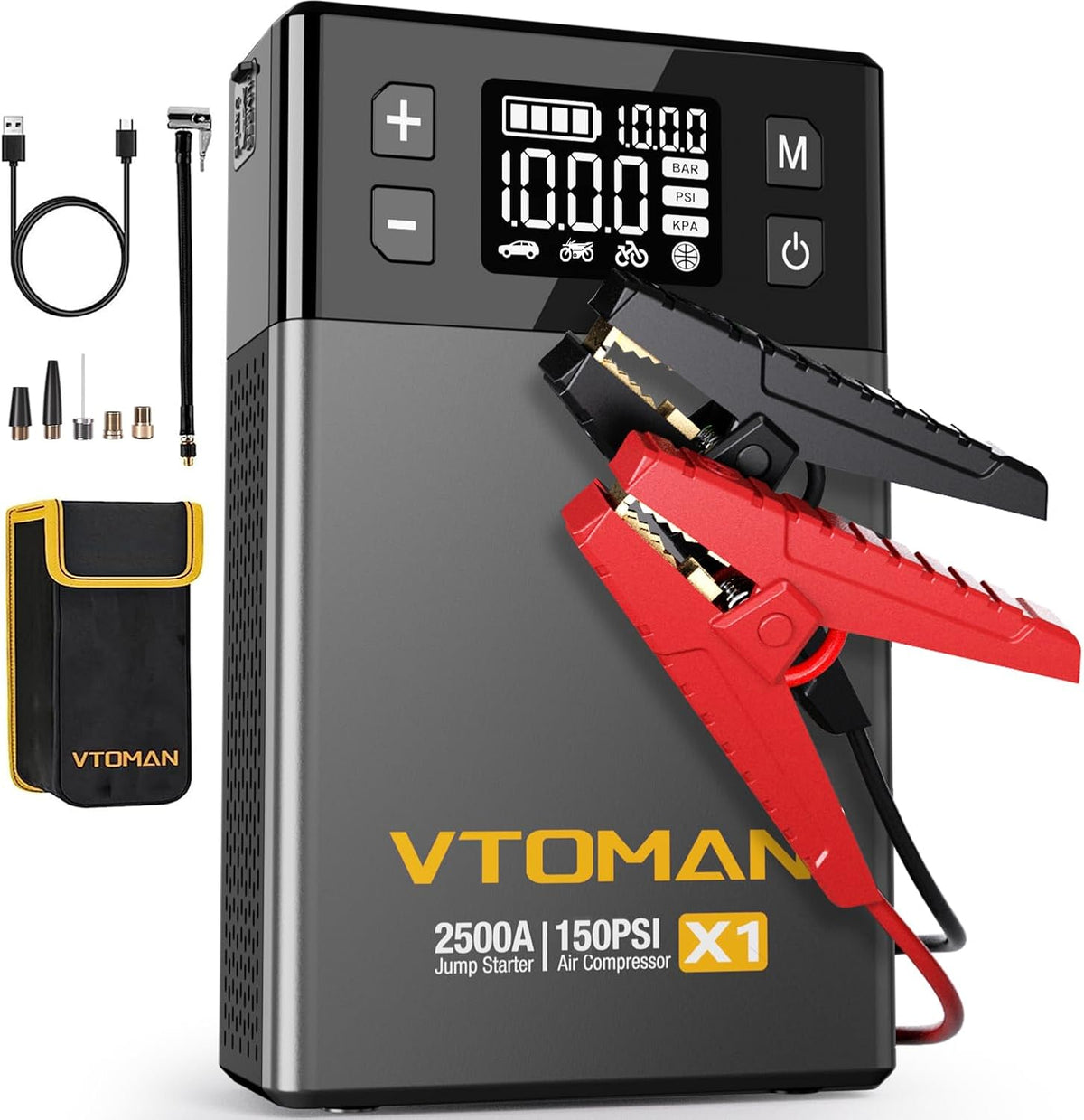 VTOMAN X1 Jump Starter with Air Compressor, Car Battery Jumper Starter (Up to 8.5L Gas/6L Diesel Engine) with 150PSI Auto Tire Inflator, 12V Portable Booster Pack, Lithium Jump Box Charger-Black