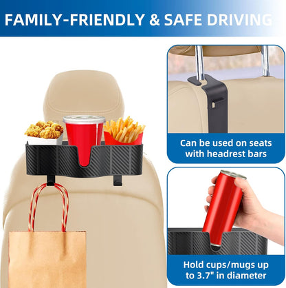 OUSHASAA 3-in-1 Car Headrest Backseat Organizer with 3.7" Backseat Cup Holder for Car, Seat Back Organizer with Hooks (2pc)