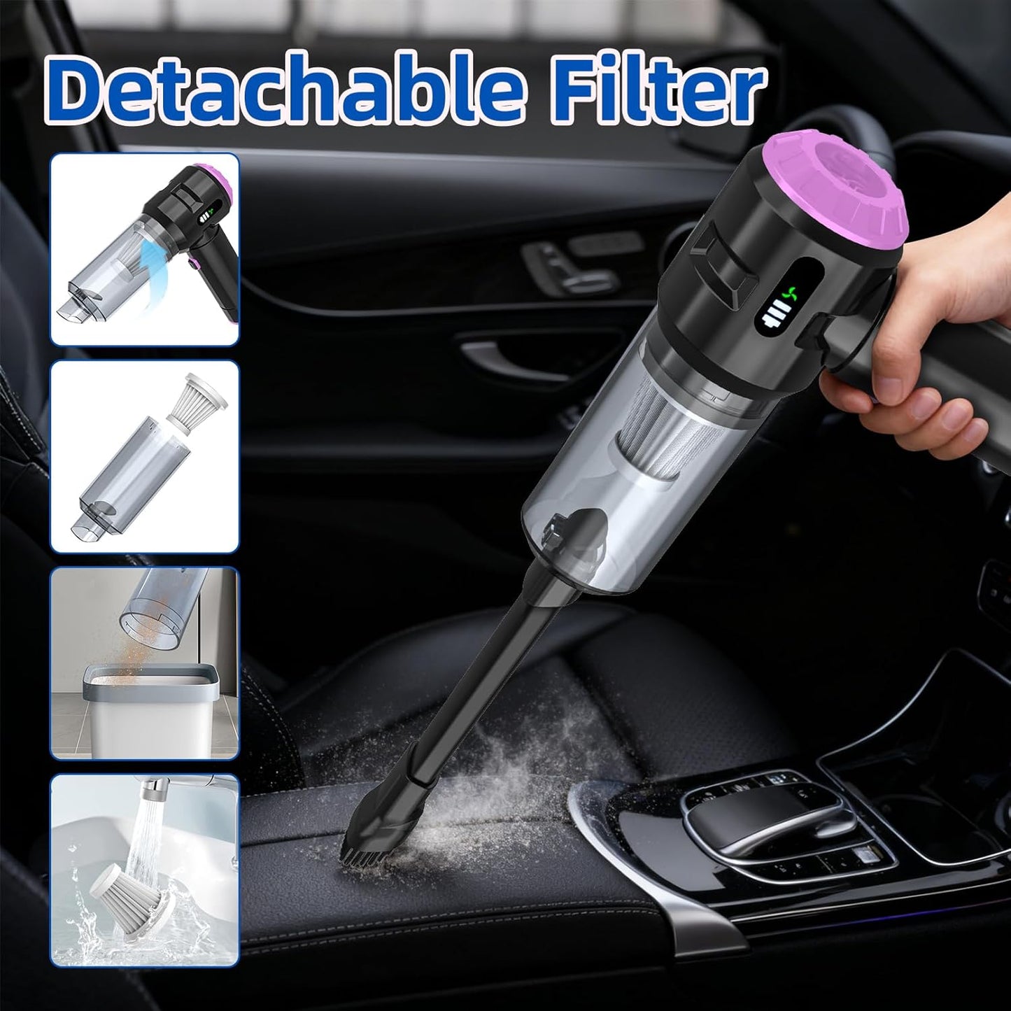 Sycoodeal Handheld Car Vacuum Cleaner, 25000PA Strong Cyclonic Suction Portable Mini Vacuum Cordless with Digital Display Lightweight Handheld for Pet Hair, Car, Home, Office, Kitchen(Silver)
