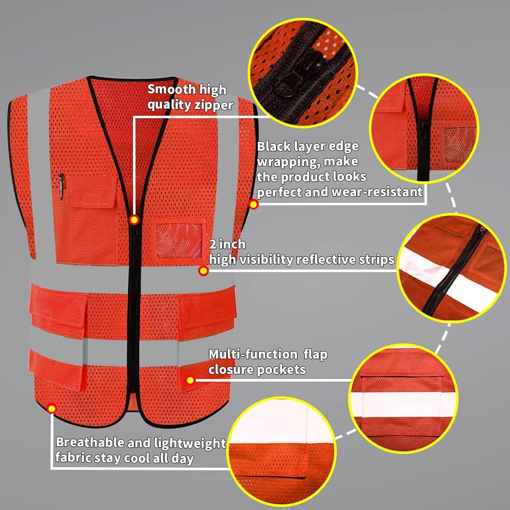 HYCOPROT High Visibility Mesh Safety Reflective Vest with Pockets and Zipper, Meets ANSI/ISEA Standards