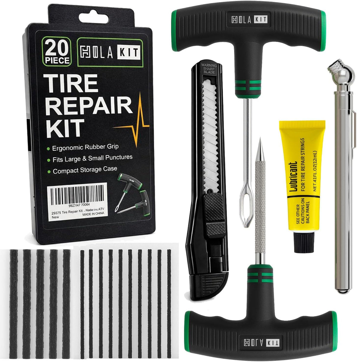 20PCS Tire Repair Kit – Flat Tire Plug Kit includes Ergonomic T-Handle Tools with Rubber Covered Grip, 2 Sizes Tire Repair strips, Knife, Tire Pressure Gauge & Lubricant – Car, SUV, Motorcycle, ATV