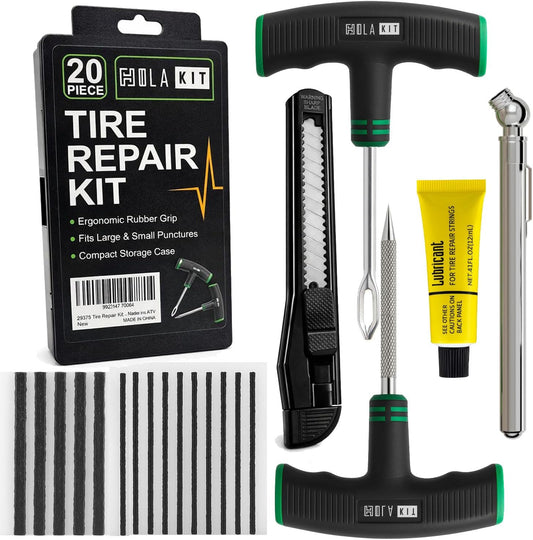 20PCS Tire Repair Kit – Flat Tire Plug Kit includes Ergonomic T-Handle Tools with Rubber Covered Grip, 2 Sizes Tire Repair strips, Knife, Tire Pressure Gauge & Lubricant – Car, SUV, Motorcycle, ATV