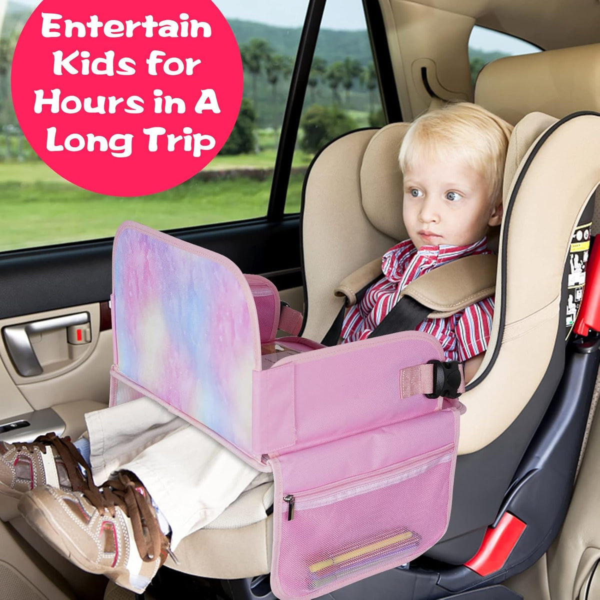 MENZOKE Kids Travel Tray for Toddler Car Seat, Road Trip Activities for Kids with iPad Holder Stand & Dry Erase Board, Road Trip Essentials Accessories Lap Tray as Travel Gifts for Kid, Pink