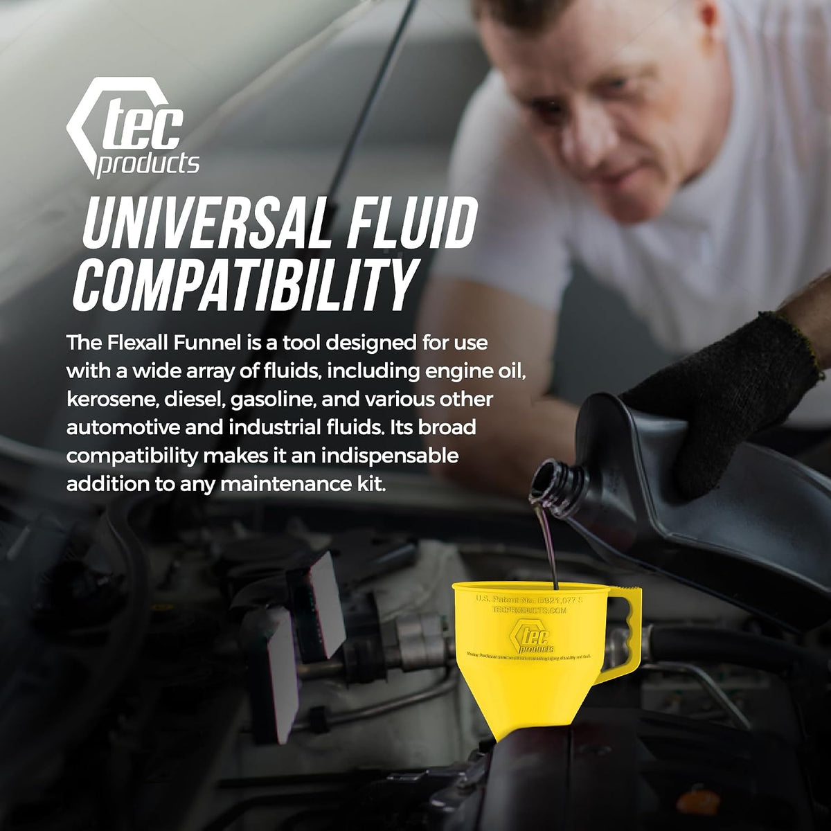 TEC Products FlexAll Long Flexible Funnels - Automotive Oil Funnel with Hose, Durable Nitrile Rubber for Oil Change, Transmission Funnel Fluid, Diesel, Fuel, Gas - Made in USA - Red (16 x 5 Inches)