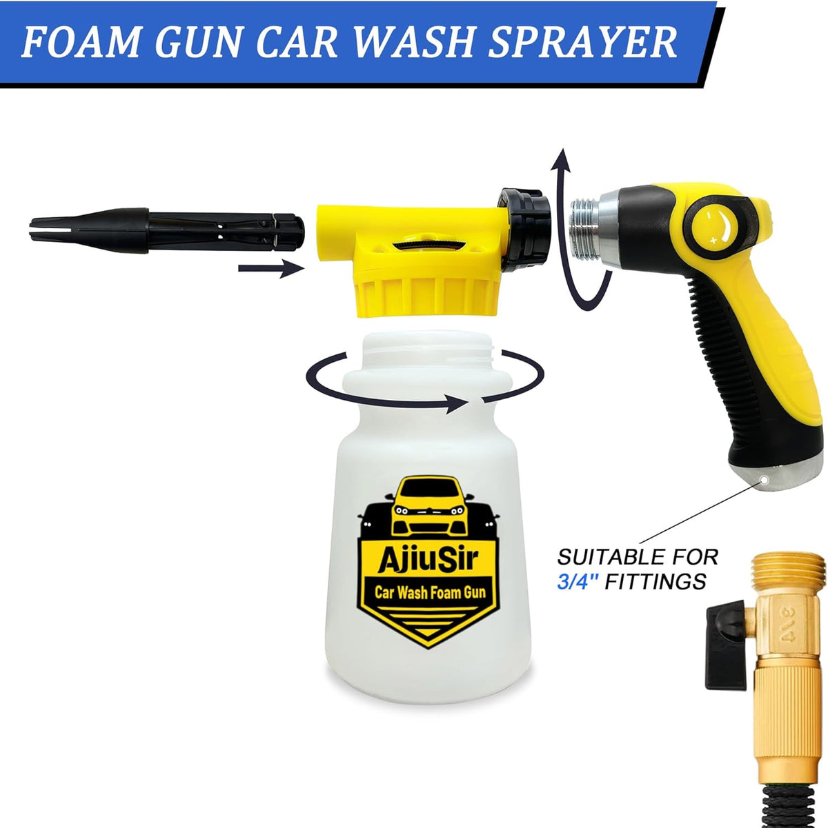 Foam Gun Car Wash Sprayer + Washing Sponge & Absorbent Towel, Hose Nozzle Foam Cannon Car Washing Kit, for Garden Cleaning, Pet Showering (Blue)