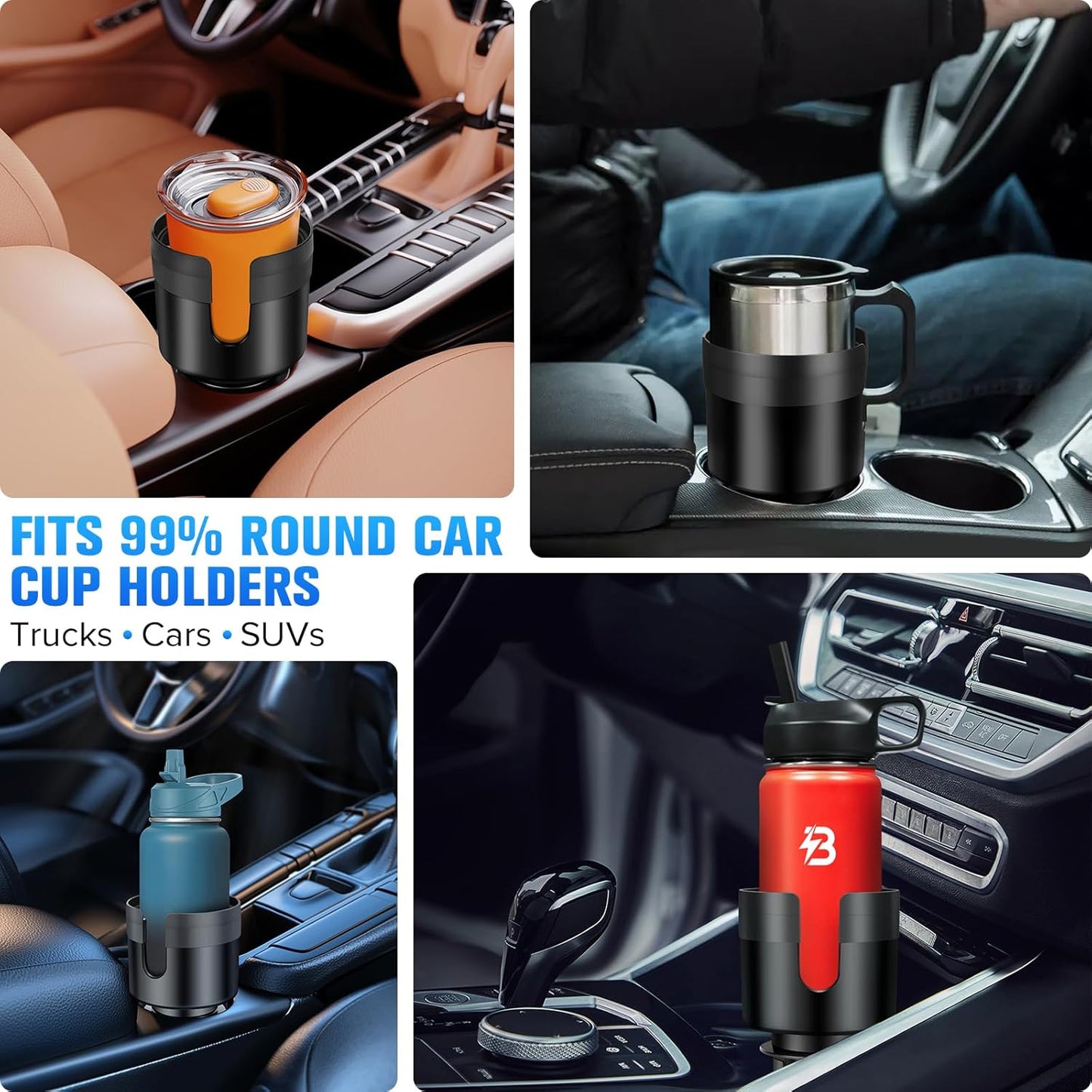 Car Cup Holder Expander, Automotive Cup Holders for Car with Adjustable Base and Rubber Pad, Fits Most Bottles 20-40 oz (3.4"–3.8" Diameter), Black