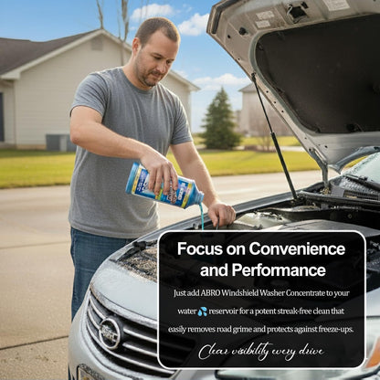 ABRO Windshield Washer Fluid Ready to Use Formula - 1 Gallon, Pre-Mixed, Streak-Free Cleanliness, 2-In-1 Removes Bugs & Tar