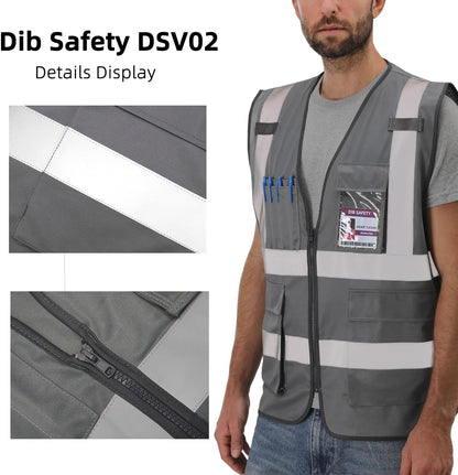 Dib Safety Reflective Safety Vest for Men Women, High Visibility Vest with Pockets and Zipper, ANSI Class 2