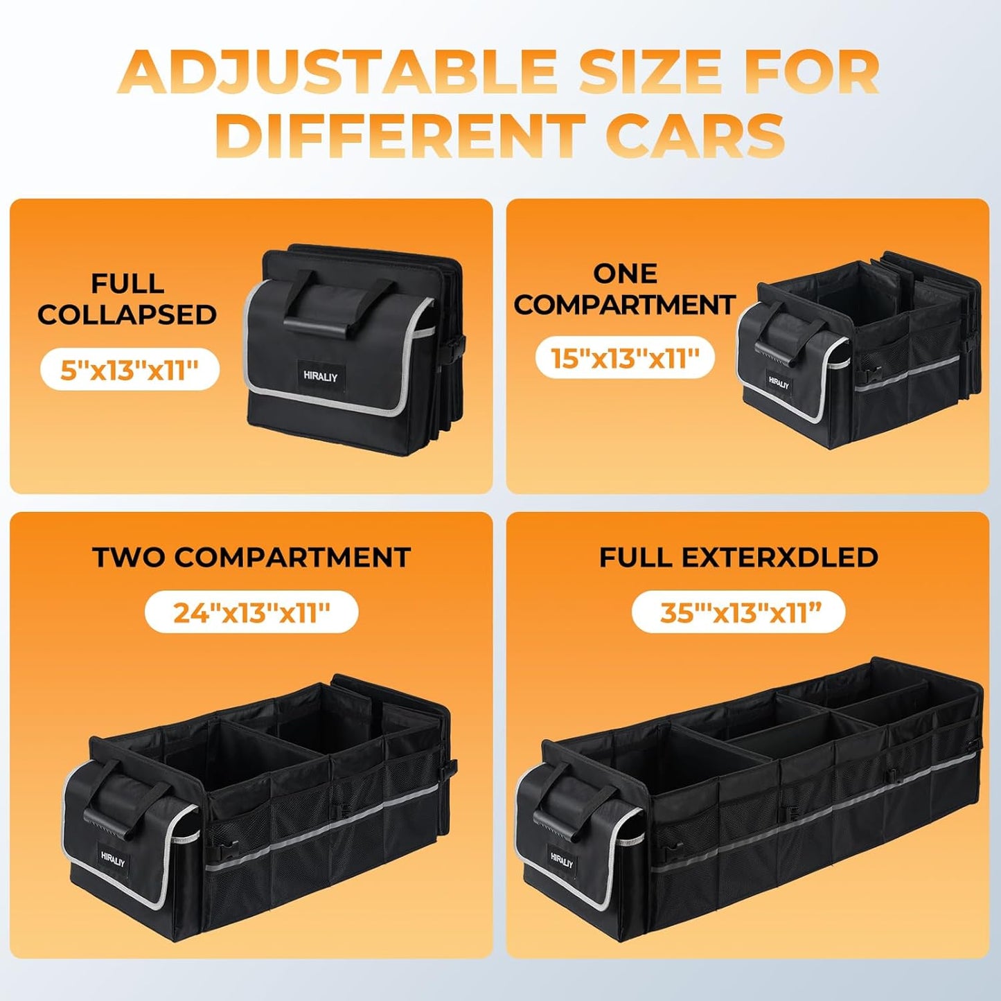 HIRALIY 4 in 1 Car Trunk Storage Organizer with Leakproof Cooler Bag, Multi-Compartment Foldable Trunk Storage Box for Car Truck SUV Black