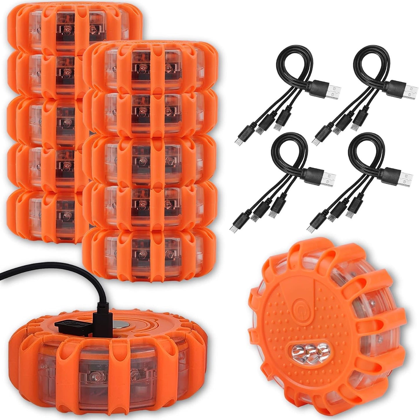 Ecoangel USB Rechargeable LED Road Flares Emergency Lights-Roadside Warning Car Safety Beacon Flashing Disc Flare Kit with Magnetic Base for Vehicles & Boat | 3 Beacon Disc Pack