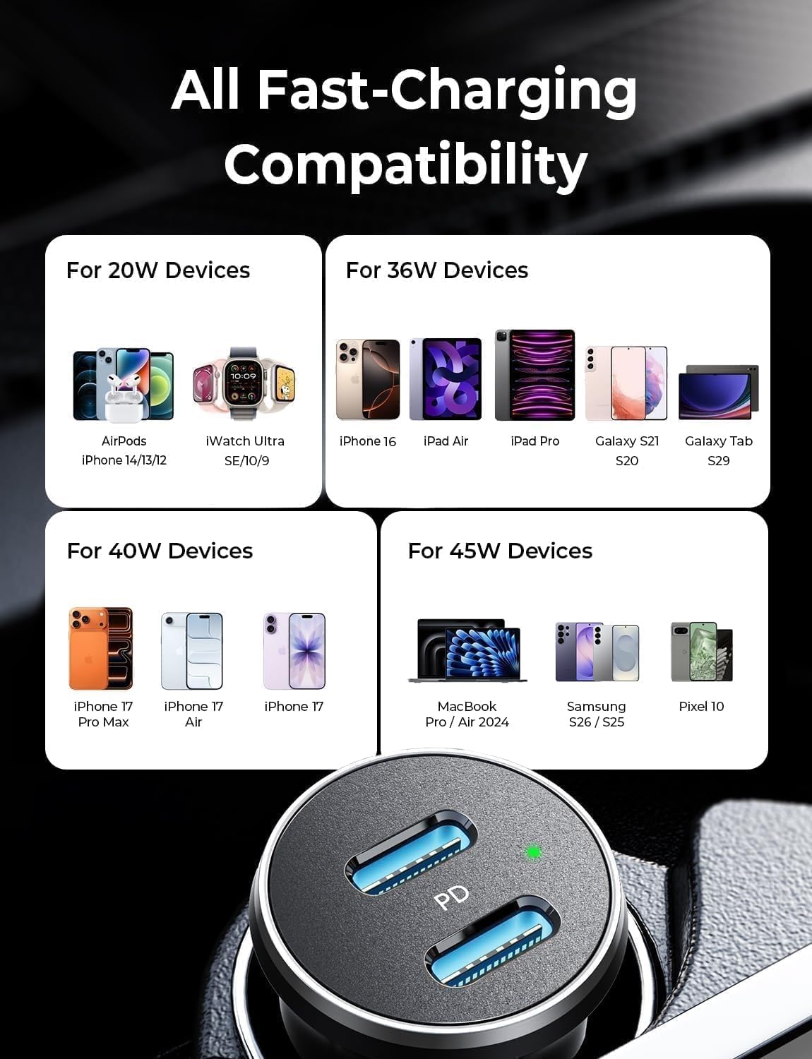 LISEN 90W USB C Car Charger USB C Fast Charge, 45W PD&QC 3.0 Fast Car Charger for iPhone 17 Pro Max 16 15 Pro, Cigarette Lighter USB Charger Adapter for Samsung S26 S25, Android [Metal&Mini] Sockets