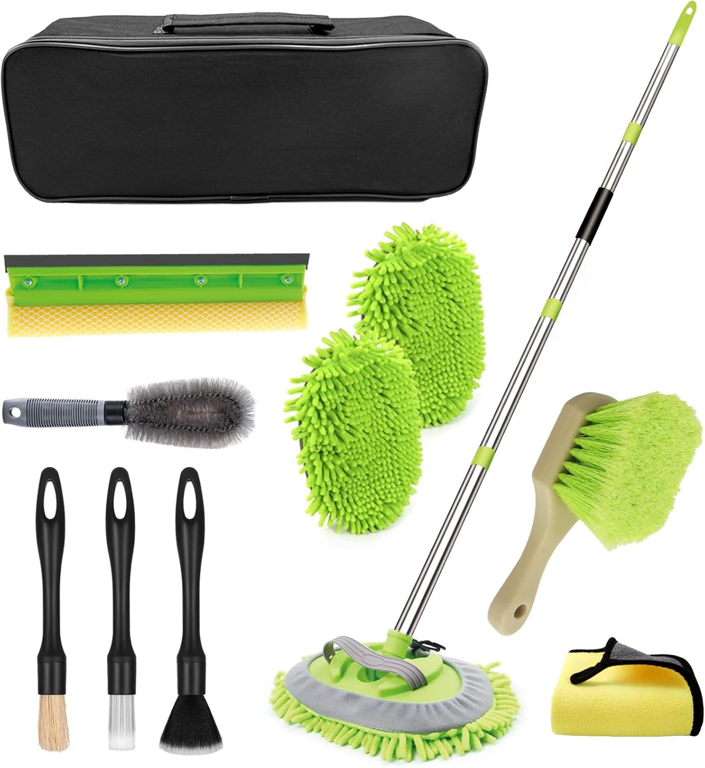 62" Car Wash Brush with Long Handle Chenille Microfiber Car Wash Mop Mitt, Wheel Brush, Windshield Window Squeegee, Car Duster Microfiber Towel, Gloves, for Cleaning Cars, RV, Truck, Boat