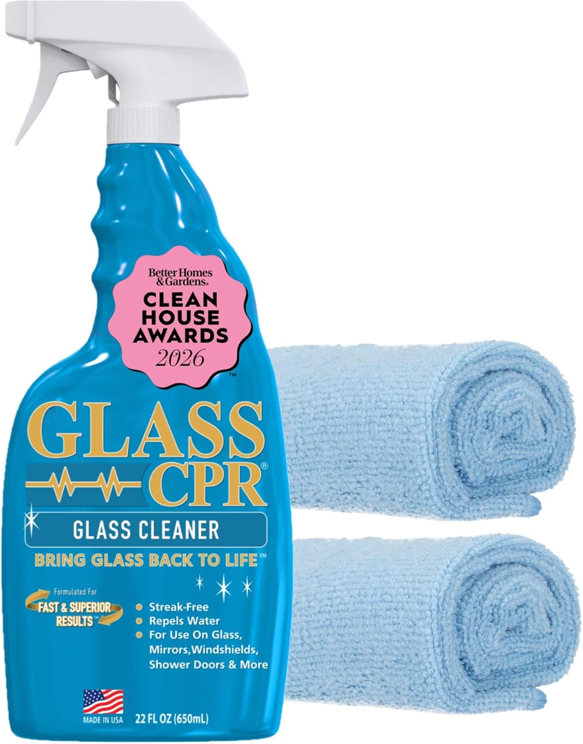 Glass CPR 2-in-1 Glass Cleaner and Water Repellent, 22 oz Spray plus 2 Microfiber Applicator Towels, Streak-Free for Shower Doors, Windshields, Mirrors, Hard Water Stain Formula, Made in USA