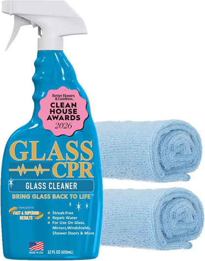 Glass CPR 2-in-1 Glass Cleaner and Water Repellent, 22 oz Spray plus 2 Microfiber Applicator Towels, Streak-Free for Shower Doors, Windshields, Mirrors, Hard Water Stain Formula, Made in USA